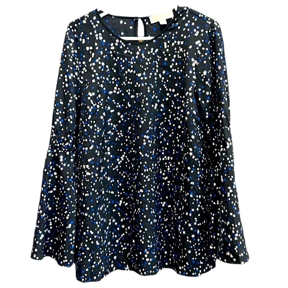Michael Kors Black Blue Silver Fairy Shimmer Star Print Bell Sleeve Top Blouse L